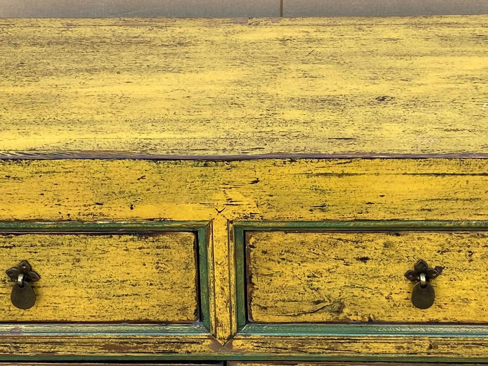 Chinese Distressed Yellow Graphic Sideboard Console Credenza Cabinet - 7