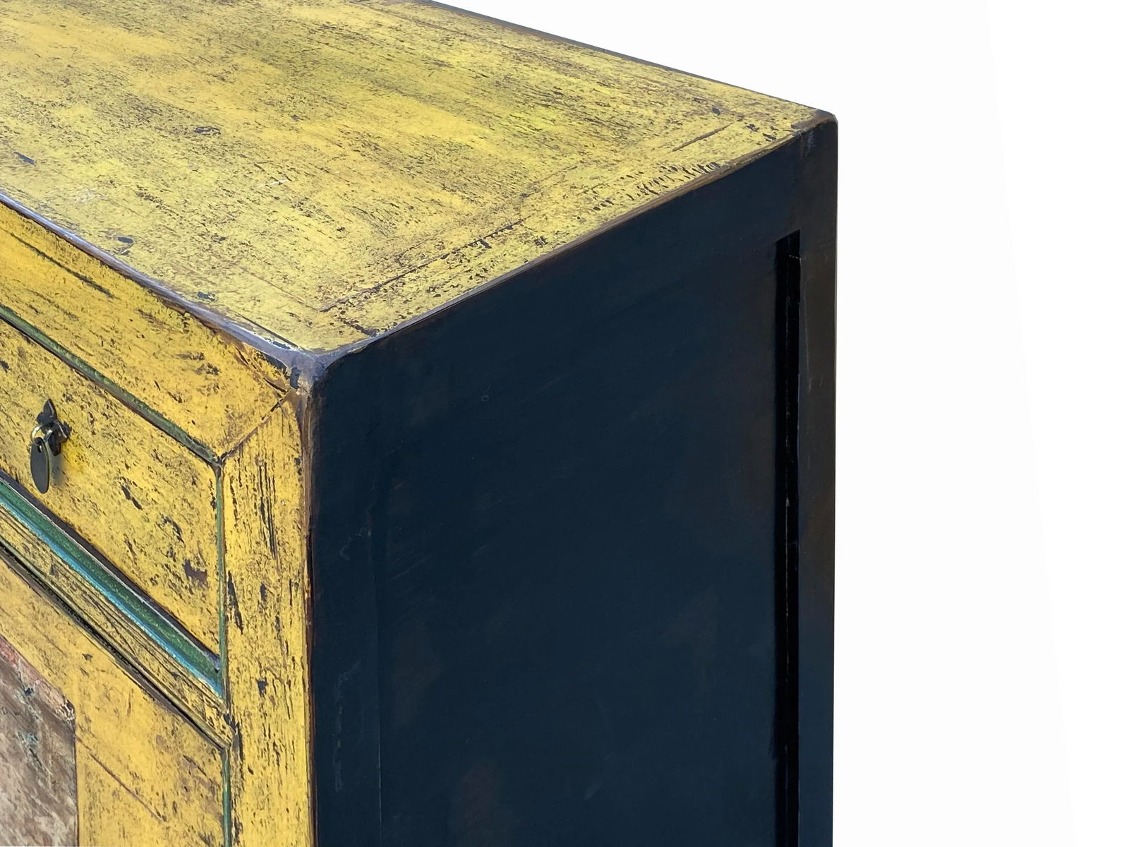 Chinese Distressed Yellow Graphic Sideboard Console Credenza Cabinet - 8