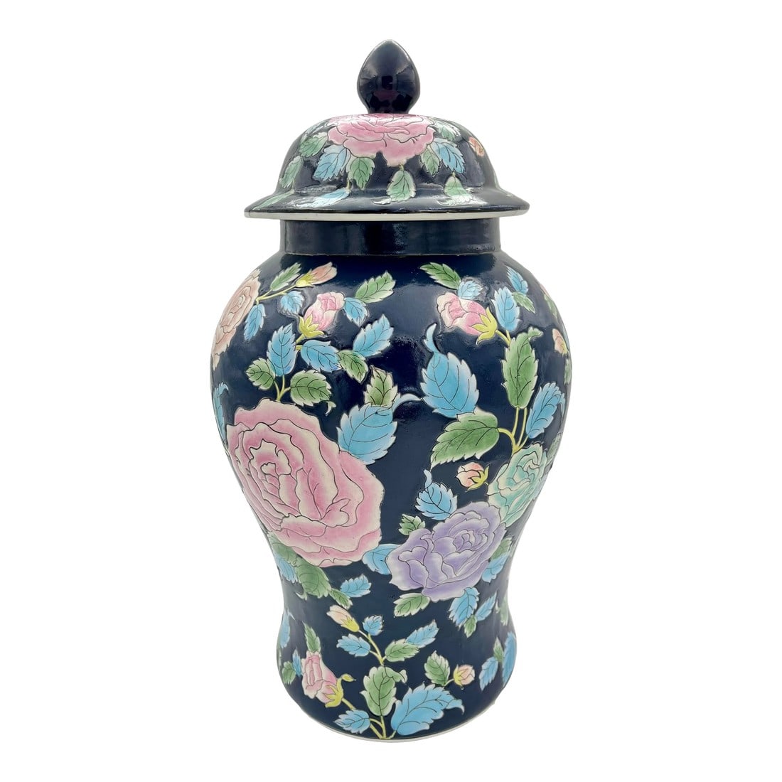 1980s Chinoiserie Sizeable Ginger Jar in Navy, Pink & Lavender: This is a fabulous and sizeable 18" tall navy blue Chinoiserie ginger jar from the 1980s. It features a handpainted cabbage rose design with a navy background, pink and lavender roses, and hints of