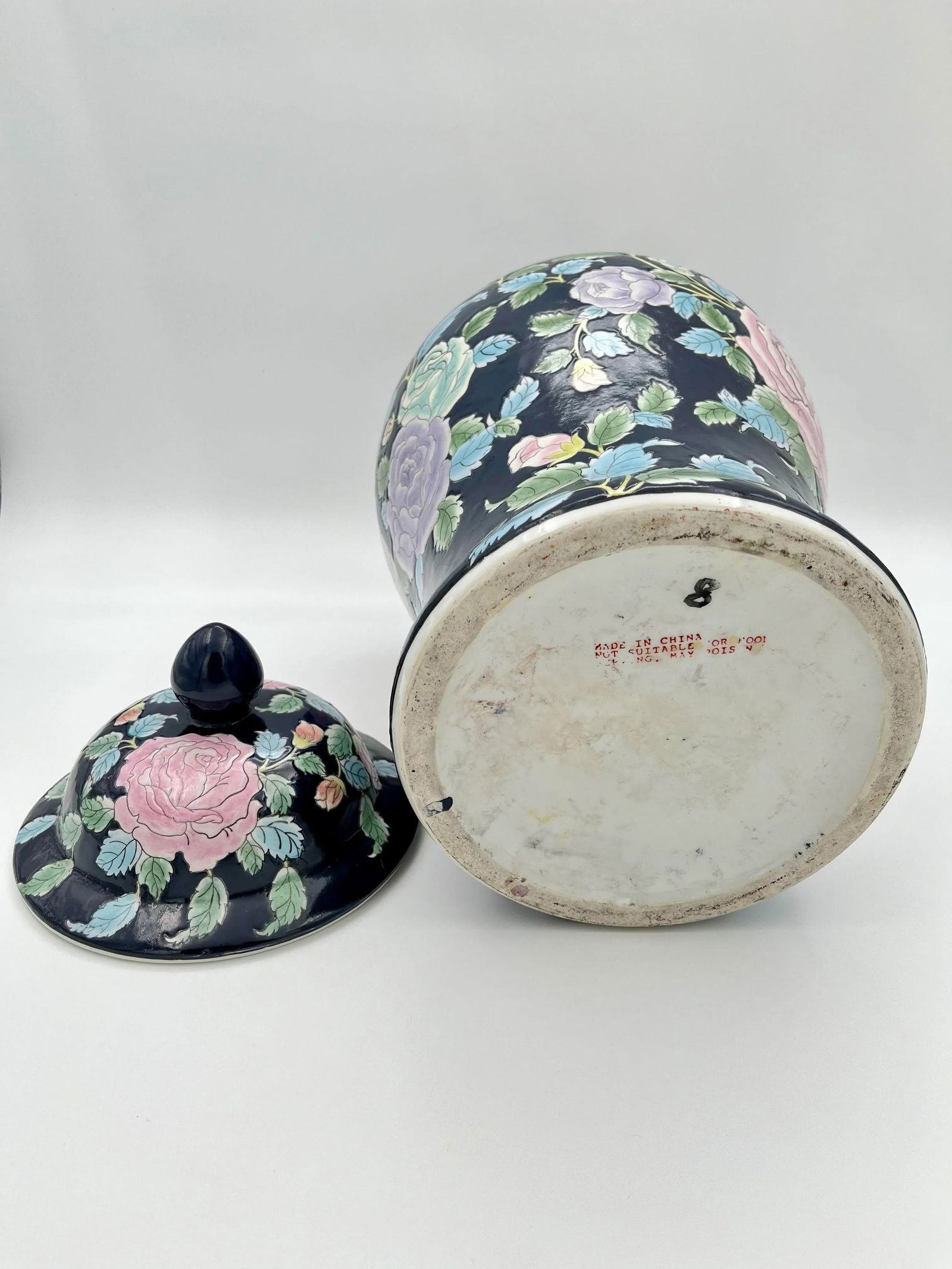 1980s Chinoiserie Sizeable Ginger Jar in Navy, Pink & Lavender - 7