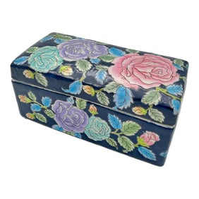 1980s Chinoiserie Lidded Box in Navy, Pink & Lavender