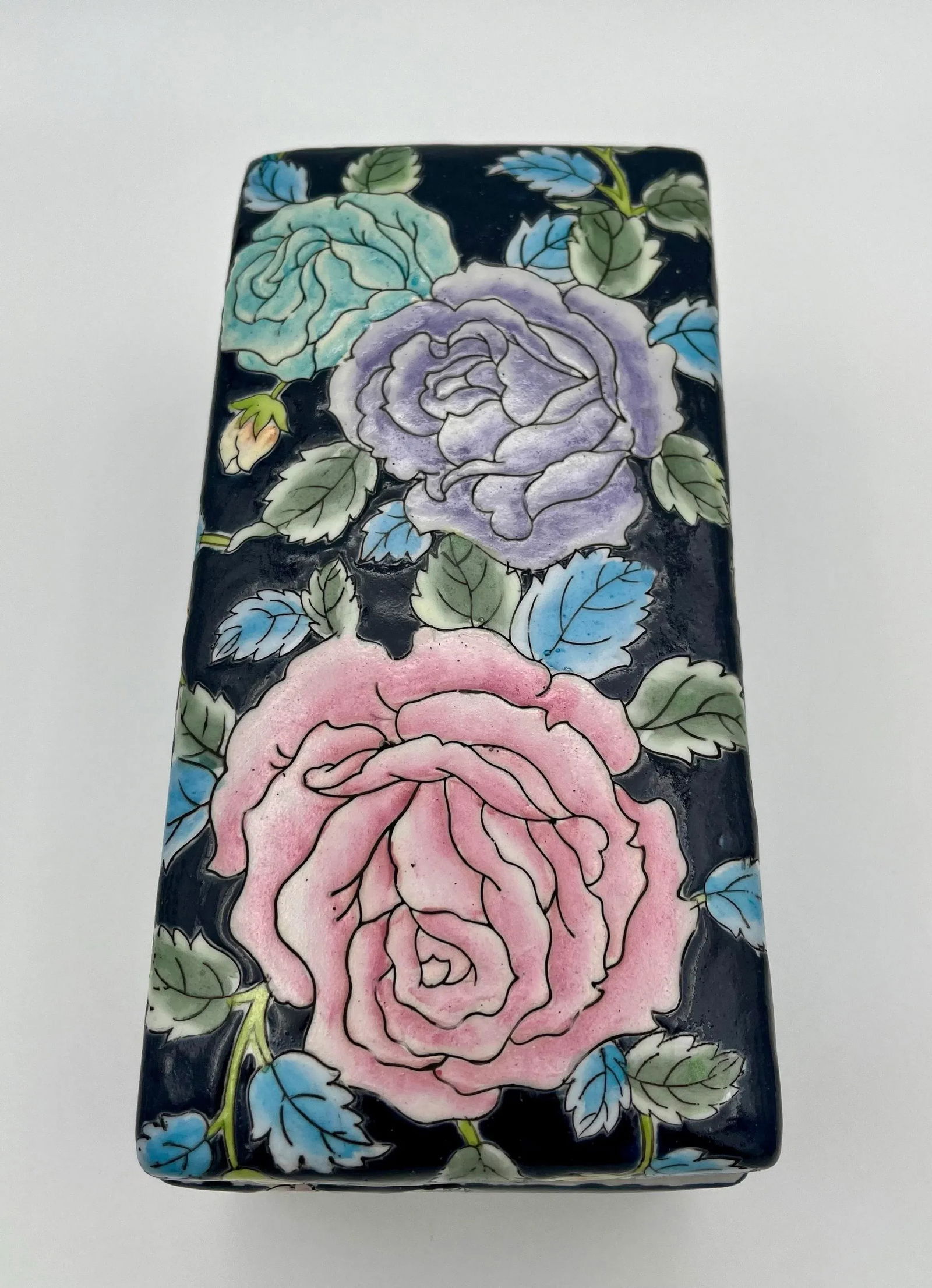 1980s Chinoiserie Lidded Box in Navy, Pink & Lavender - 6