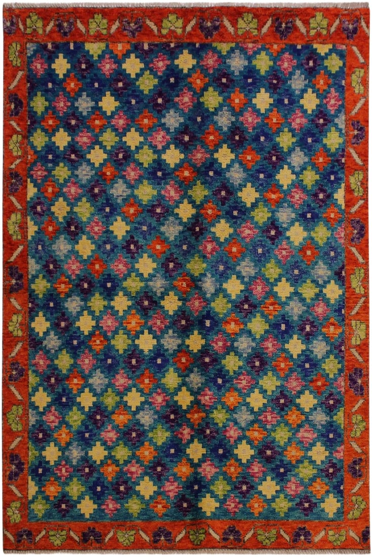 1990s Shabby Chic Balouchi Teal/Orange Wool Rug - 4'10 X 6'11: A mesmerizing addition to any décor, this exhilarating hand-knotted rug featuring exquisite coloration in an intricate design is made by skilled artisans capable of creating the most exceptional