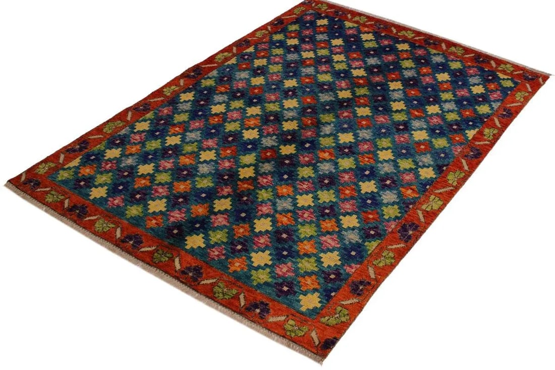 1990s Shabby Chic Balouchi Teal/Orange Wool Rug - 4'10 X 6'11 - 2