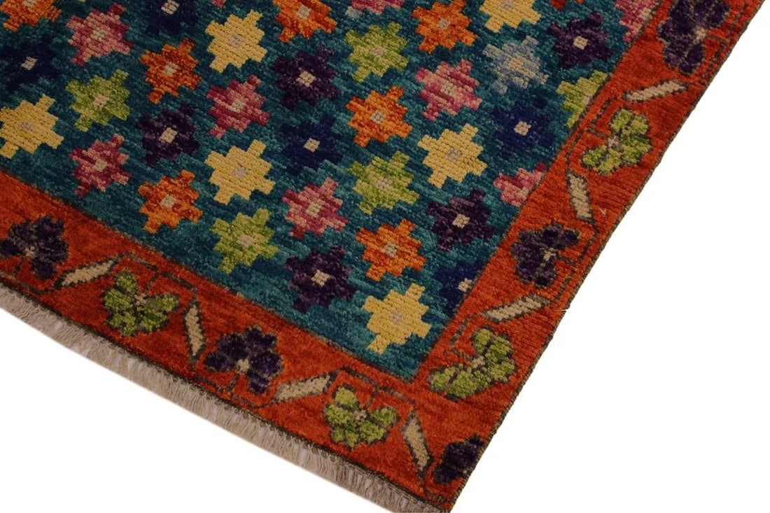 1990s Shabby Chic Balouchi Teal/Orange Wool Rug - 4'10 X 6'11 - 3