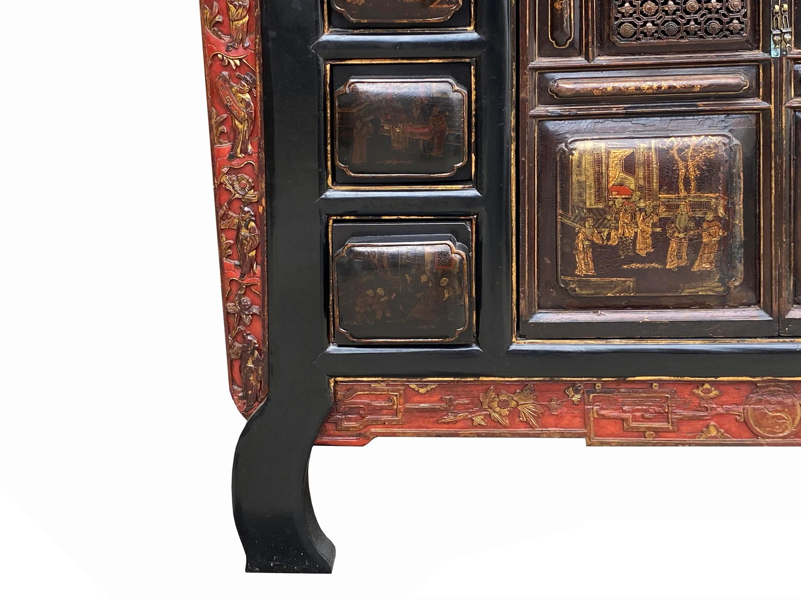 Chinese Brown Bold Drawers Doors Golden Graphic Credenza Table Cabinet - 10