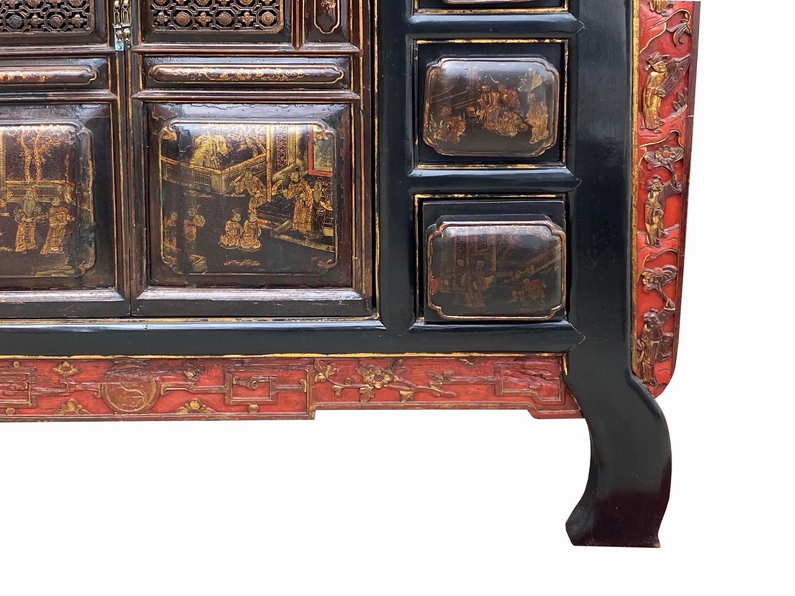Chinese Brown Bold Drawers Doors Golden Graphic Credenza Table Cabinet - 11
