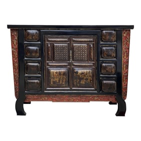 Chinese Brown Bold Drawers Doors Golden Graphic Credenza Table Cabinet