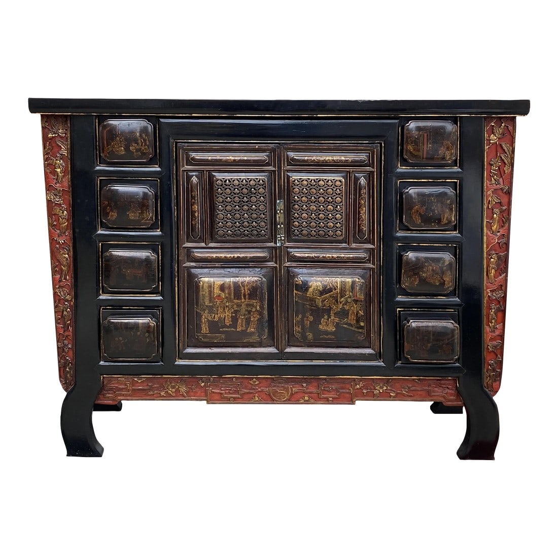 Chinese Brown Bold Drawers Doors Golden Graphic Credenza Table Cabinet (1 of 11)