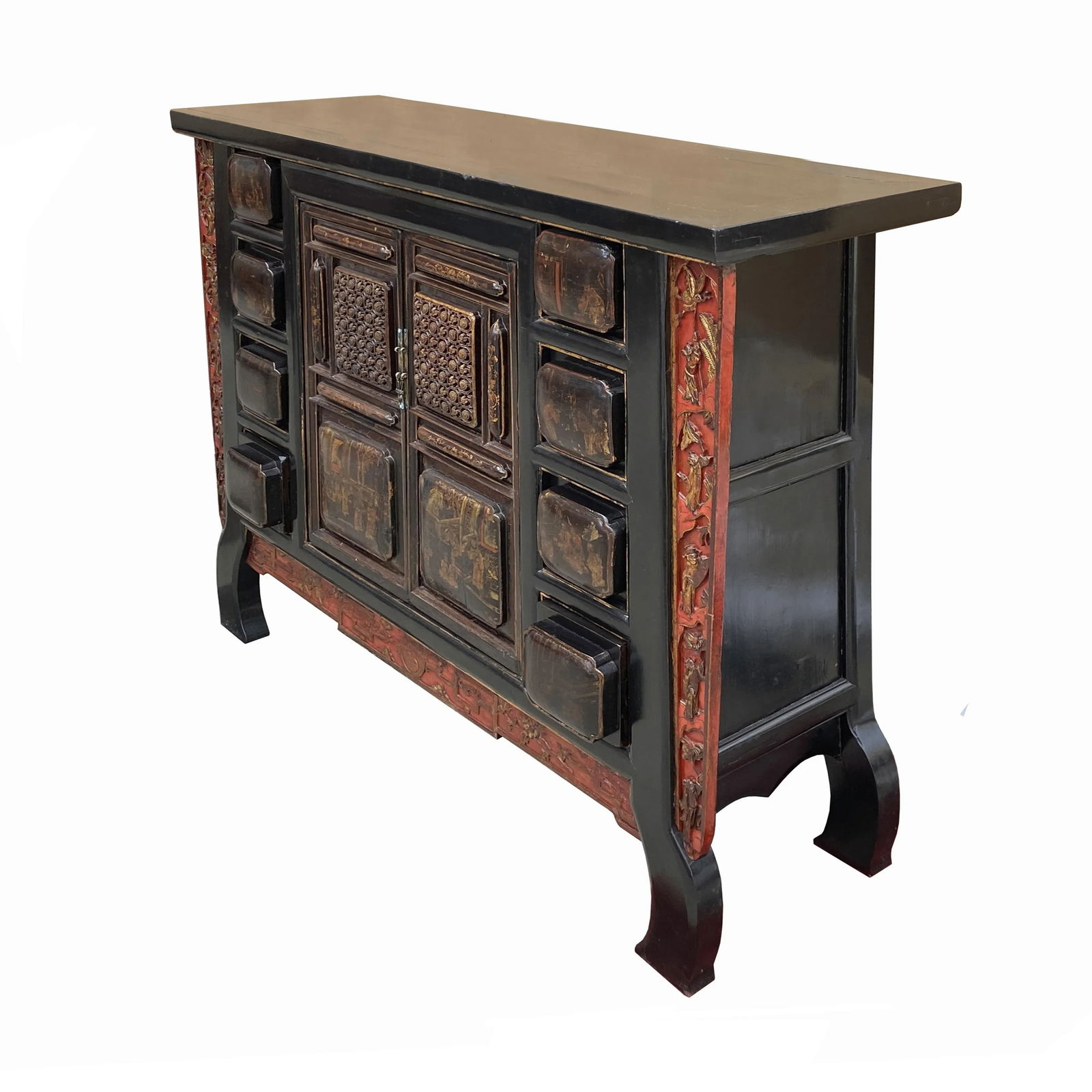 Chinese Brown Bold Drawers Doors Golden Graphic Credenza Table Cabinet - 2