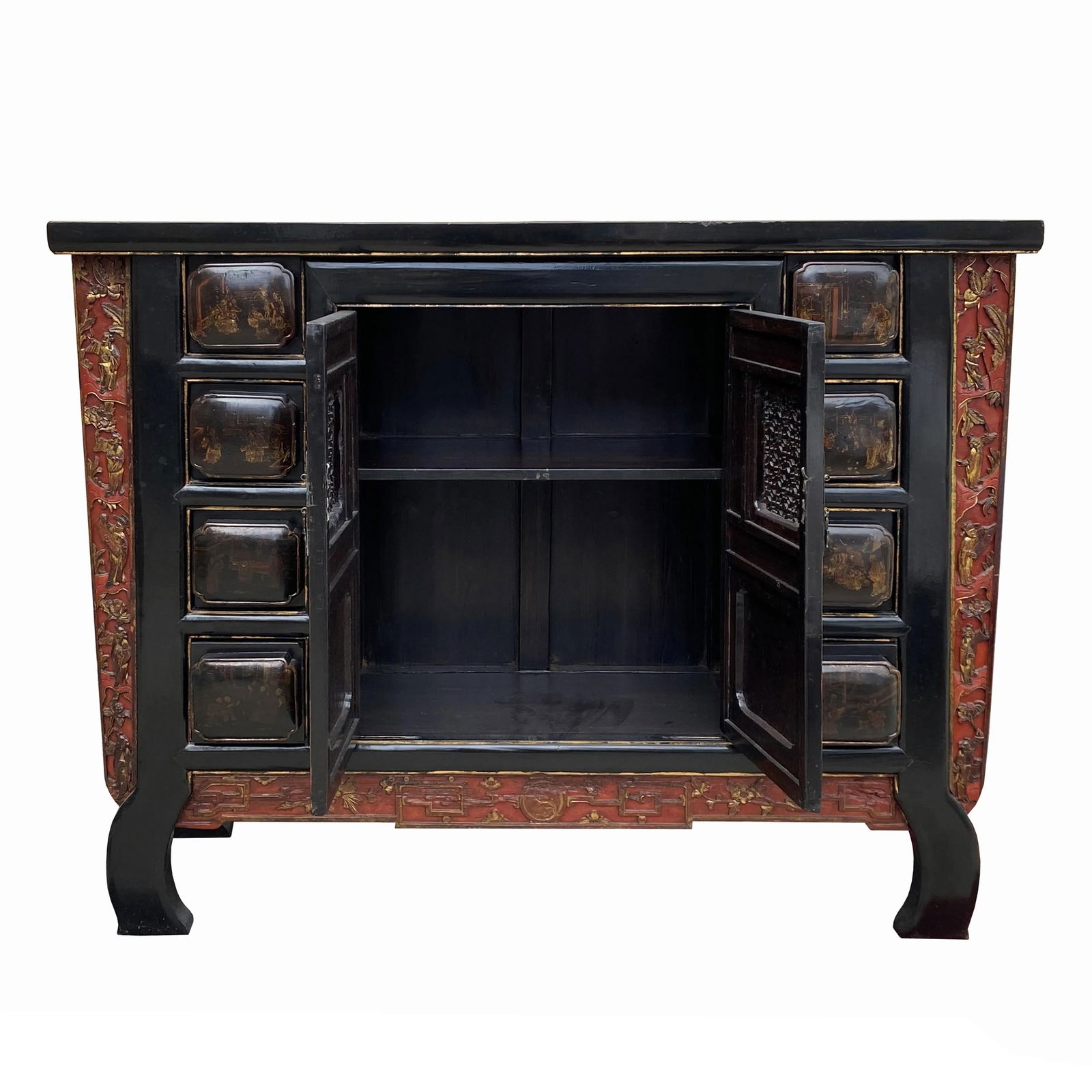 Chinese Brown Bold Drawers Doors Golden Graphic Credenza Table Cabinet - 3