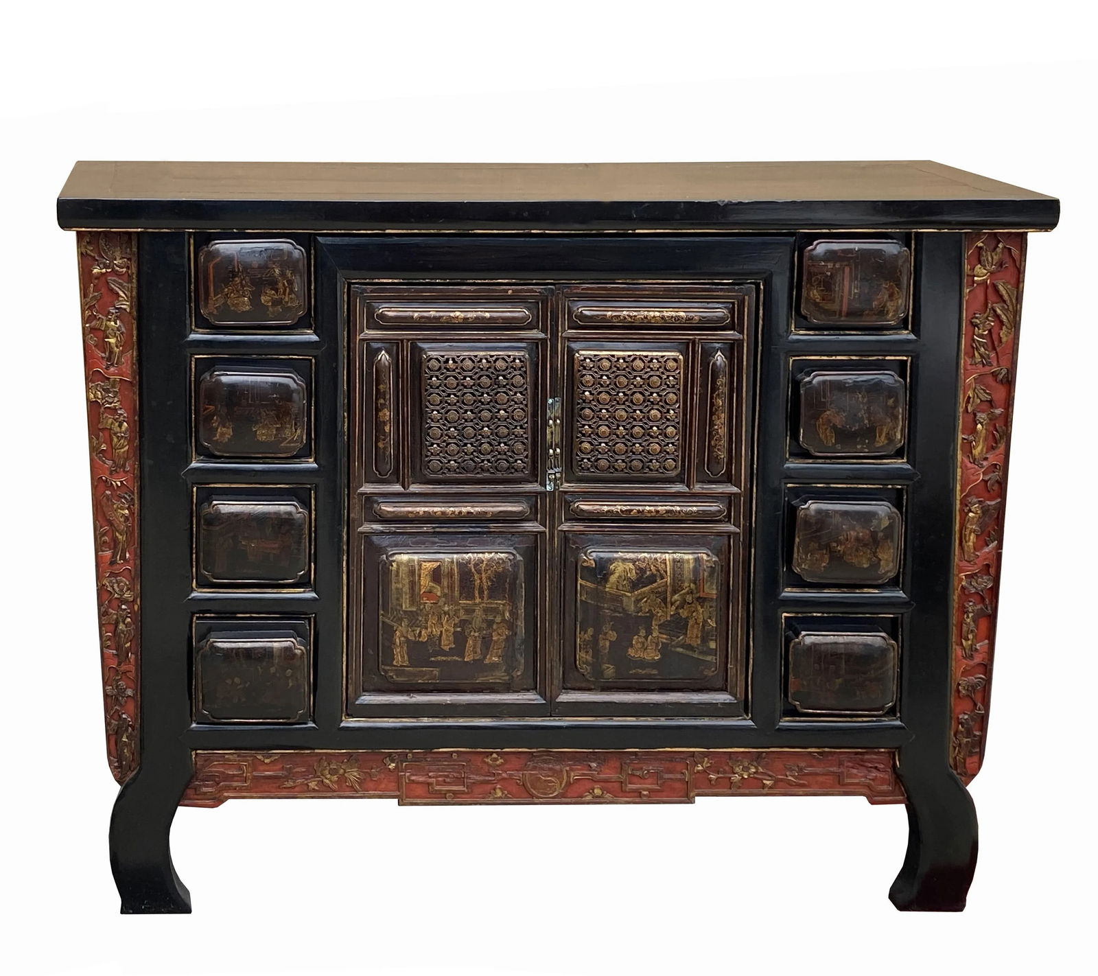 Chinese Brown Bold Drawers Doors Golden Graphic Credenza Table Cabinet - 5