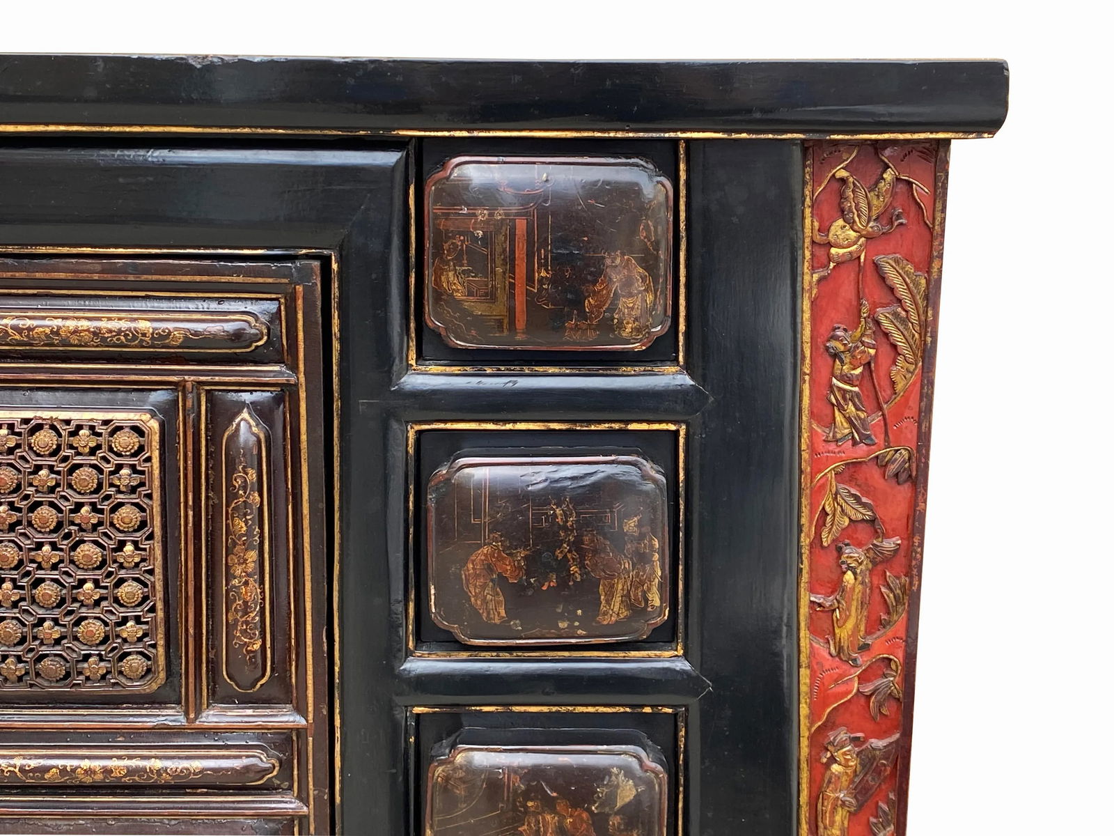 Chinese Brown Bold Drawers Doors Golden Graphic Credenza Table Cabinet - 7