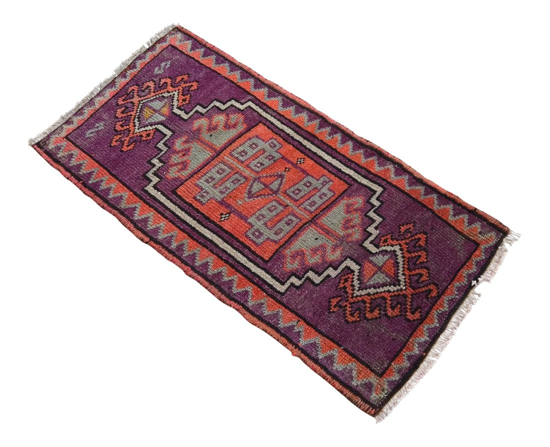 Distressed Small Low Pile Hand Knotted Yastik Rug Faded Mat - 18'' X 36'': Vintage twilight lavender (dark magenta-pink/dark rose) background color yastik rug perfect for a small guest bath or in front of the kitchen sink Dimensions: 18.5" X 36.2" Or 1'7"³ x 3'