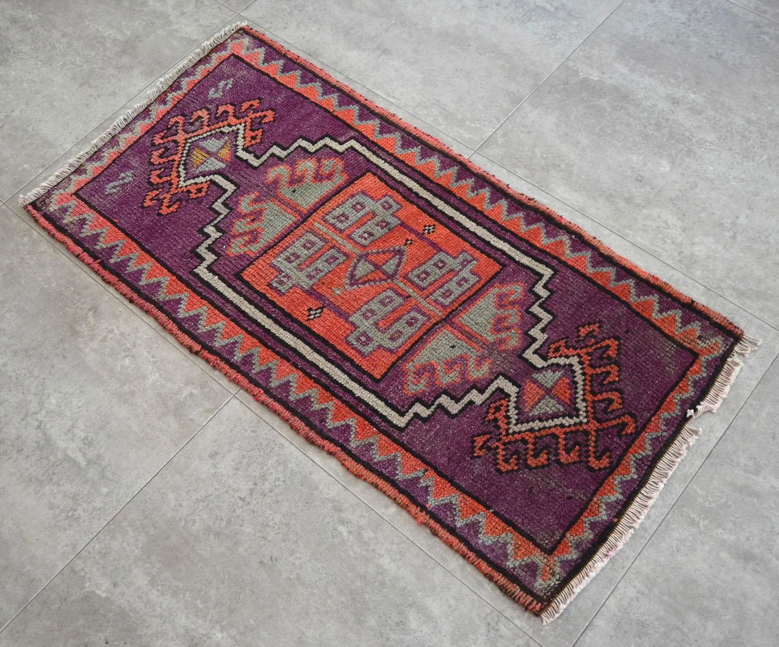 Distressed Small Low Pile Hand Knotted Yastik Rug Faded Mat - 18'' X 36'' - 4