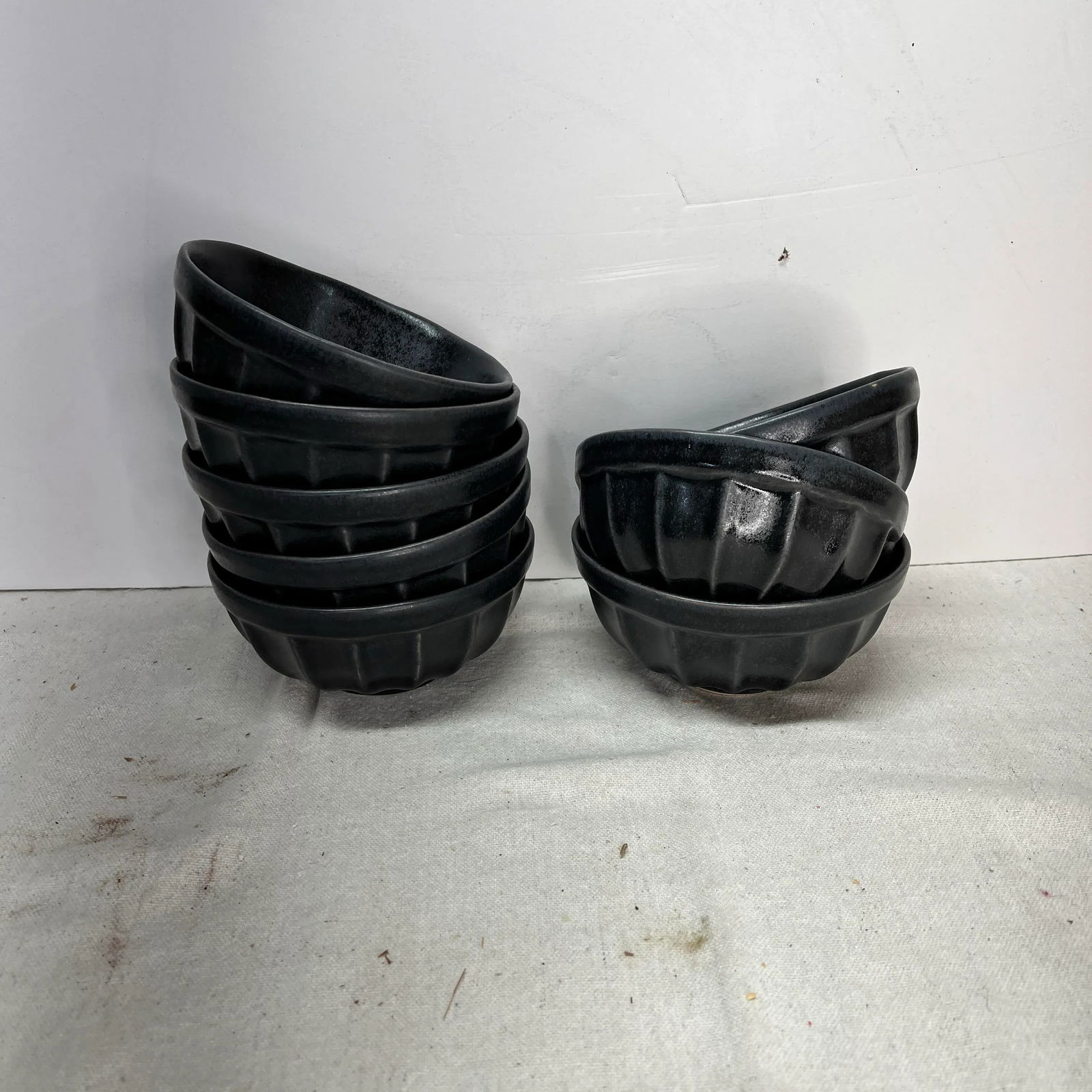 Hand Crafted Black Scalloped Portuguese Pottery Barn Soup Bowls - Set of 8 - 2