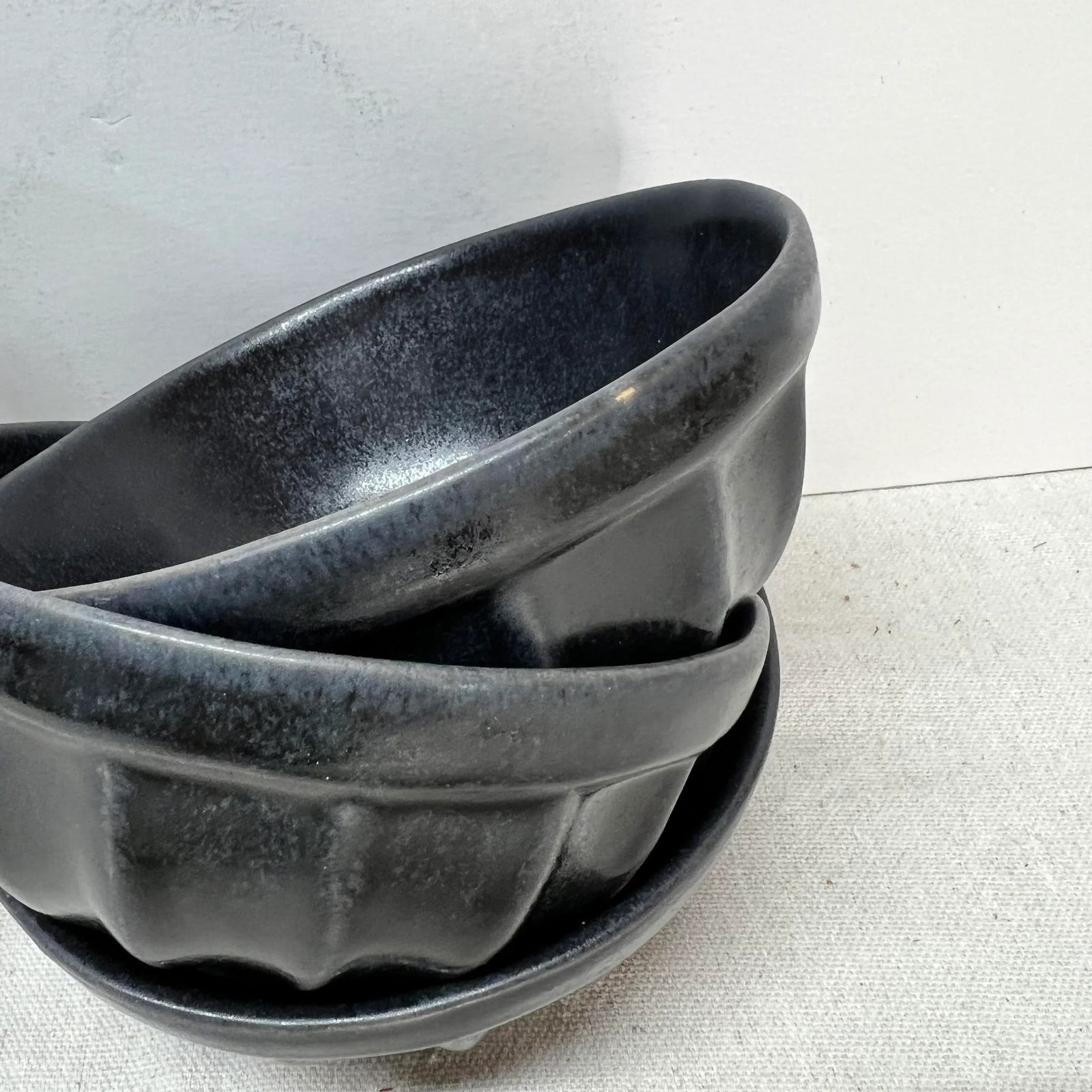 Hand Crafted Black Scalloped Portuguese Pottery Barn Soup Bowls - Set of 8 - 3