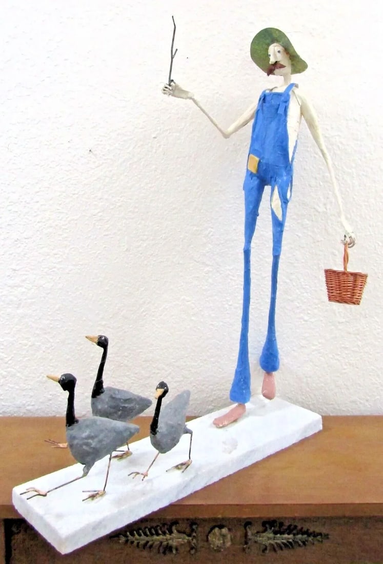 Paper Mache Sculpture of Elongated Farmer and Geese Attributed to Paul Duval - 2