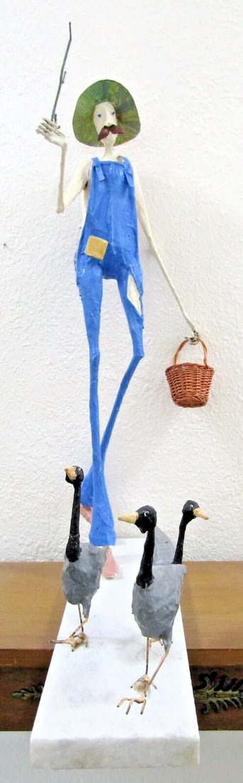 Paper Mache Sculpture of Elongated Farmer and Geese Attributed to Paul Duval - 3
