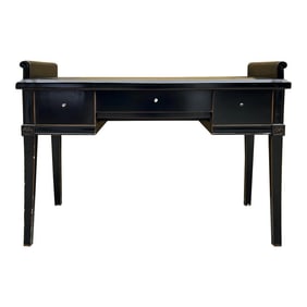 Chinese Black Lacquer 2 Drawers Foyer Scroll Edge Side Table Desk