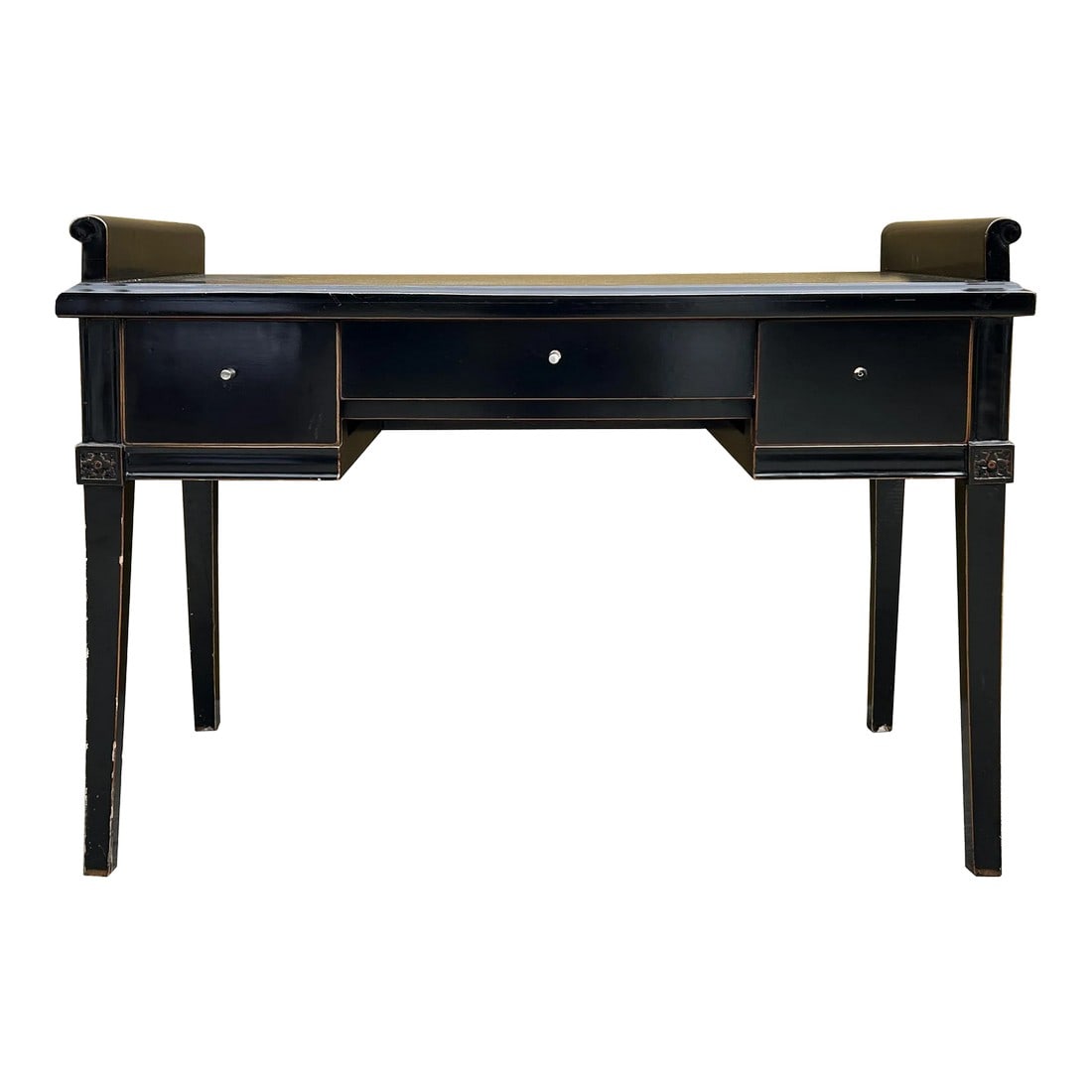 Chinese Black Lacquer 2 Drawers Foyer Scroll Edge Side Table Desk (1 of 5)