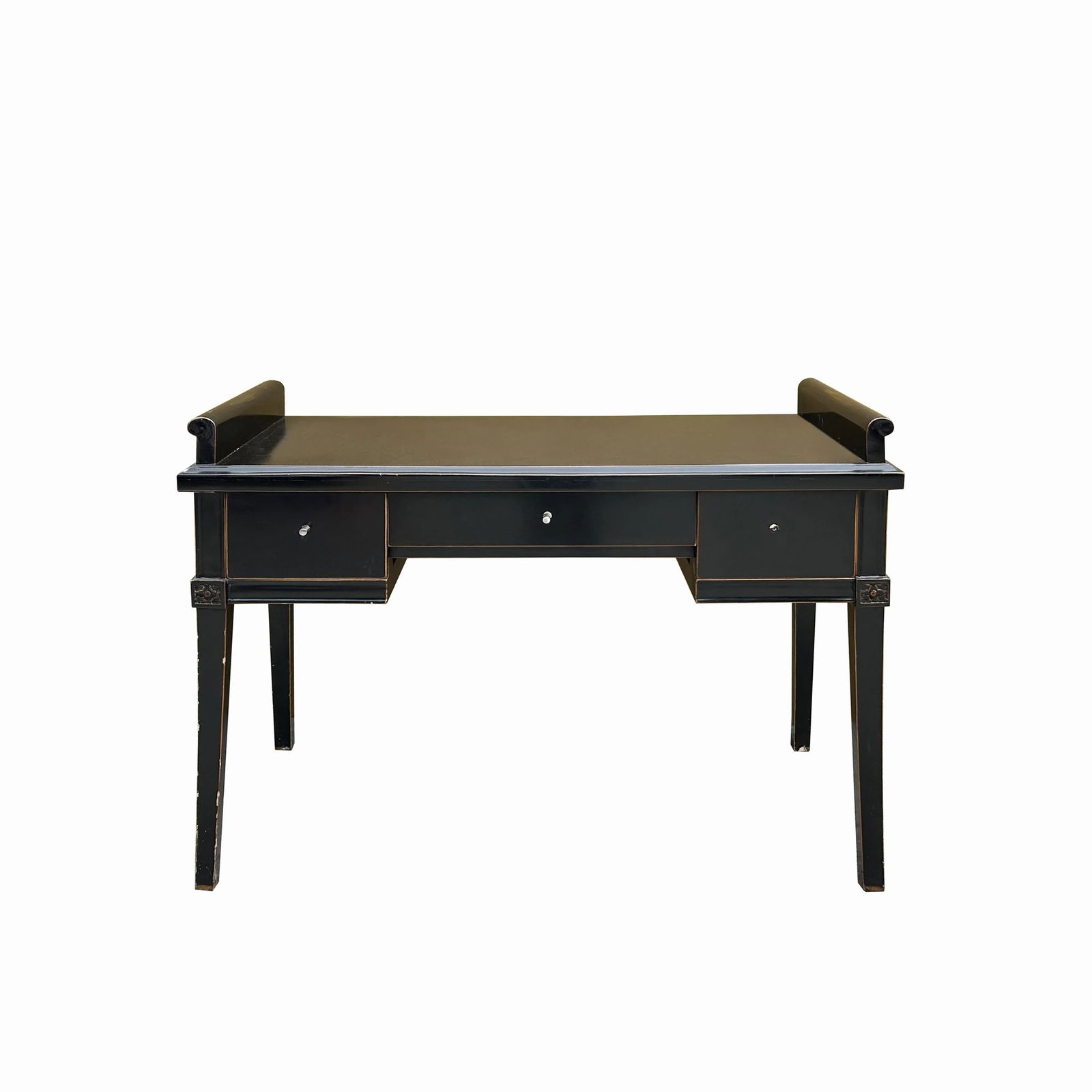 Chinese Black Lacquer 2 Drawers Foyer Scroll Edge Side Table Desk - 2