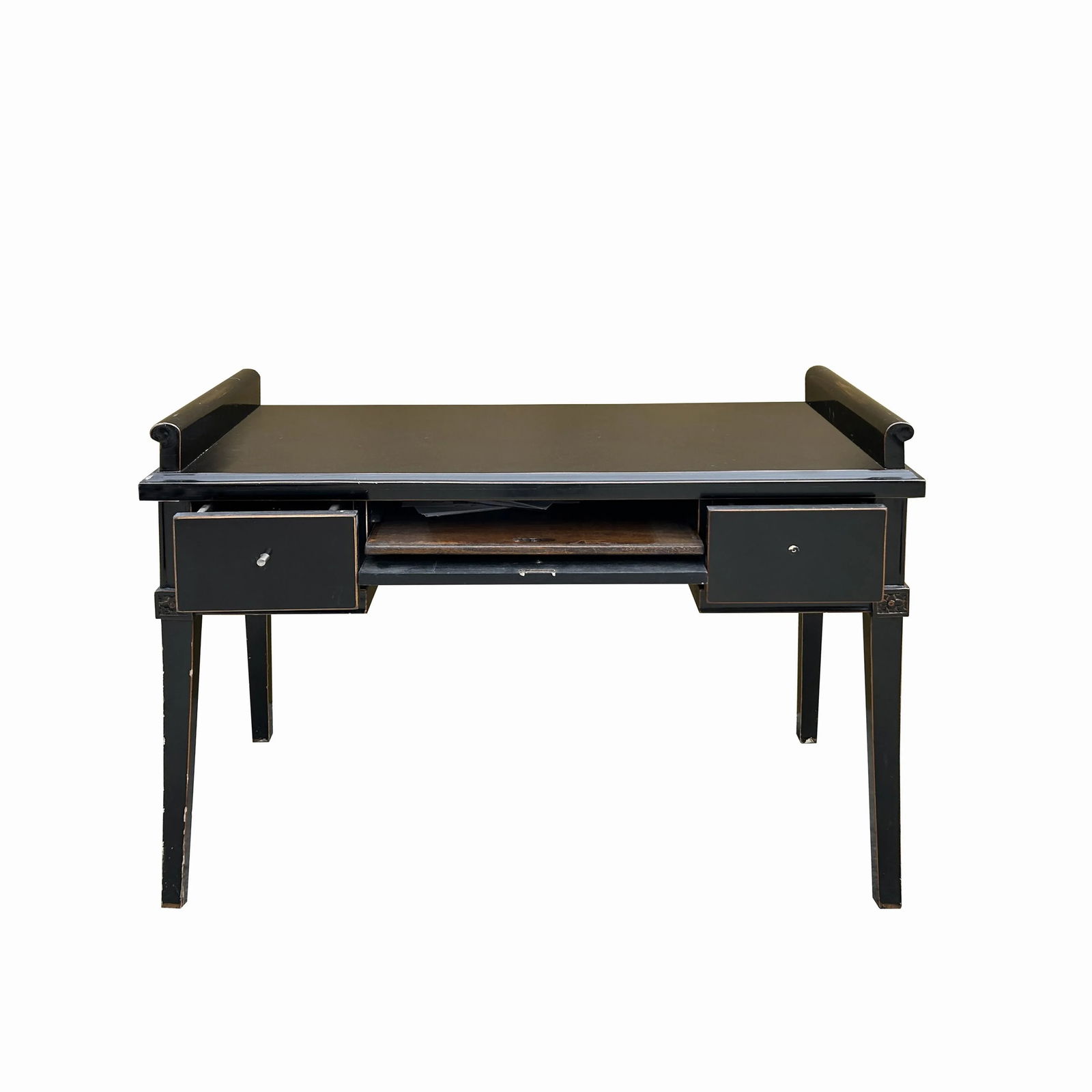 Chinese Black Lacquer 2 Drawers Foyer Scroll Edge Side Table Desk - 3