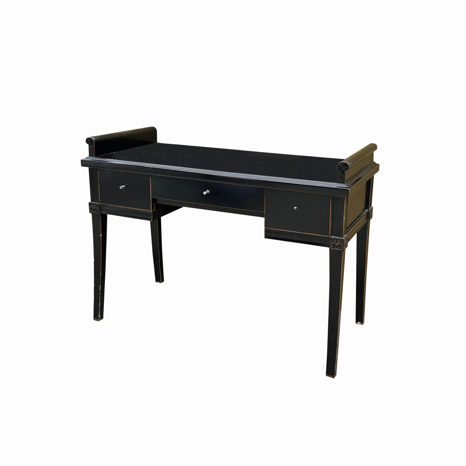 Chinese Black Lacquer 2 Drawers Foyer Scroll Edge Side Table Desk - 4