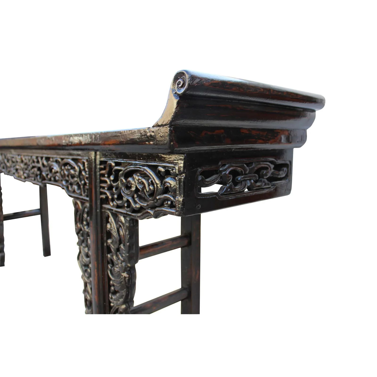 Chinese Vintage Dark Brown Dragon Carving Long Altar Console Table - 7