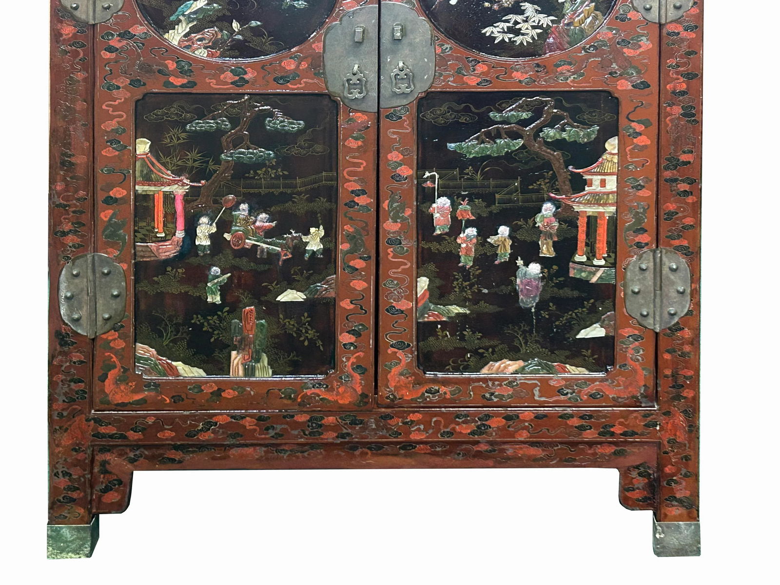 Vintage Chinoiseries Brick Red & Stone Inlay Graphic Credenza Cabinet - 10