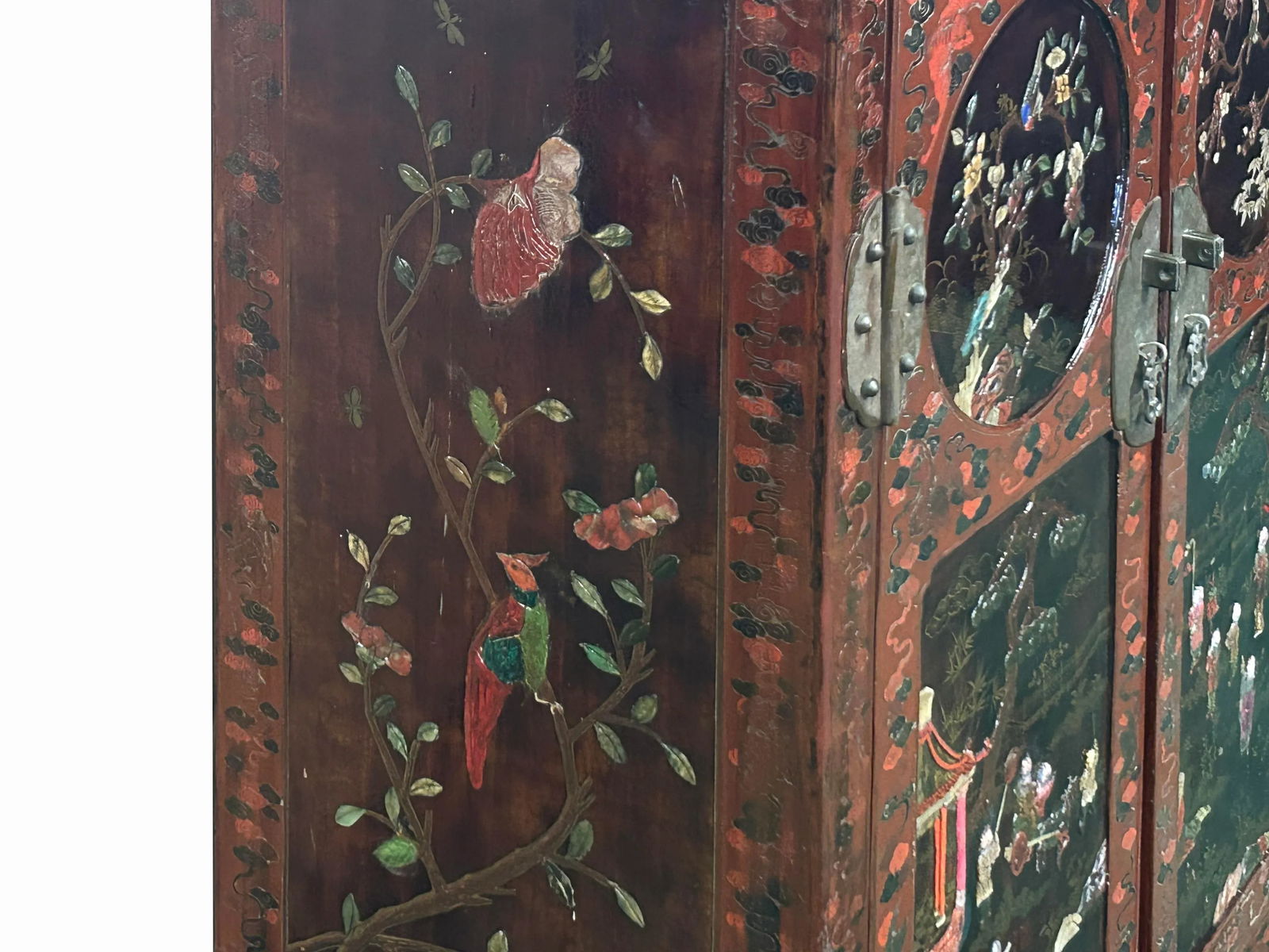 Vintage Chinoiseries Brick Red & Stone Inlay Graphic Credenza Cabinet - 11