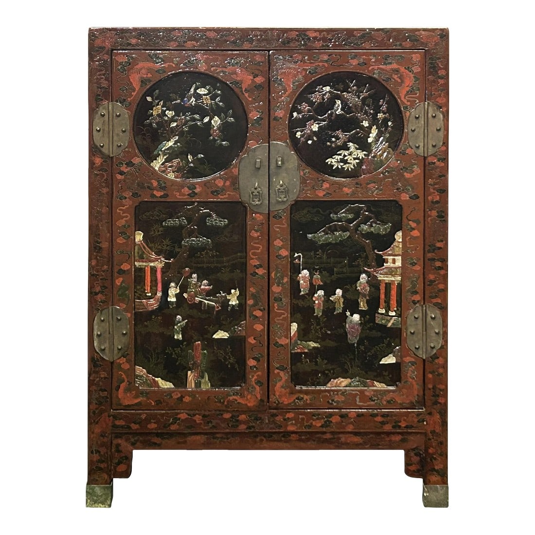 Vintage Chinoiseries Brick Red & Stone Inlay Graphic Credenza Cabinet: The Vintage Chinoiseries Brick Red & Stone Inlay Graphic Credenza Cabinet is a striking and unique furniture piece that effortlessly blends timeless design with artistic flair. This credenza showcases