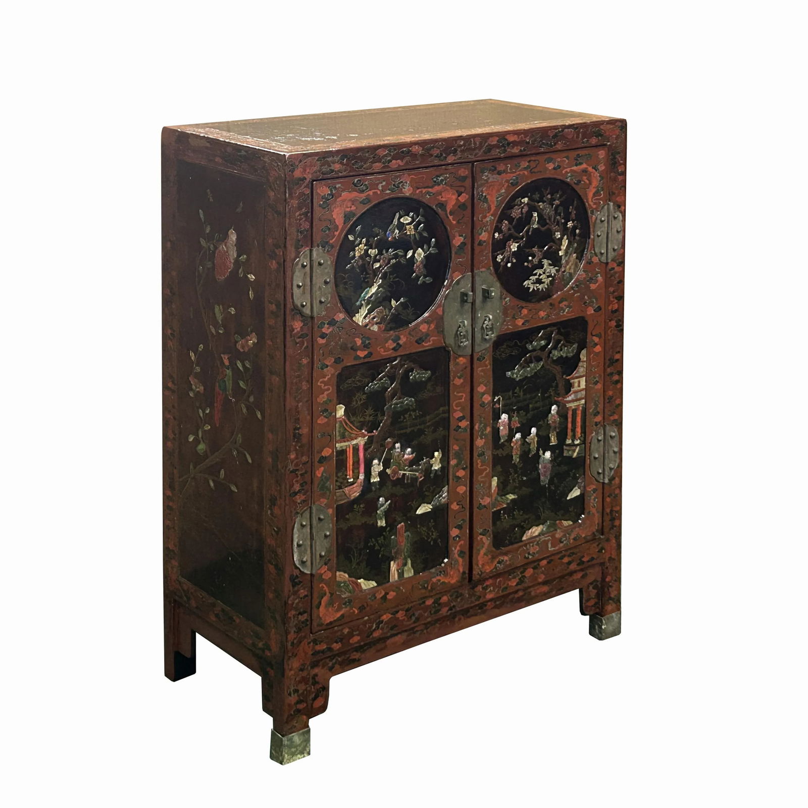 Vintage Chinoiseries Brick Red & Stone Inlay Graphic Credenza Cabinet - 2