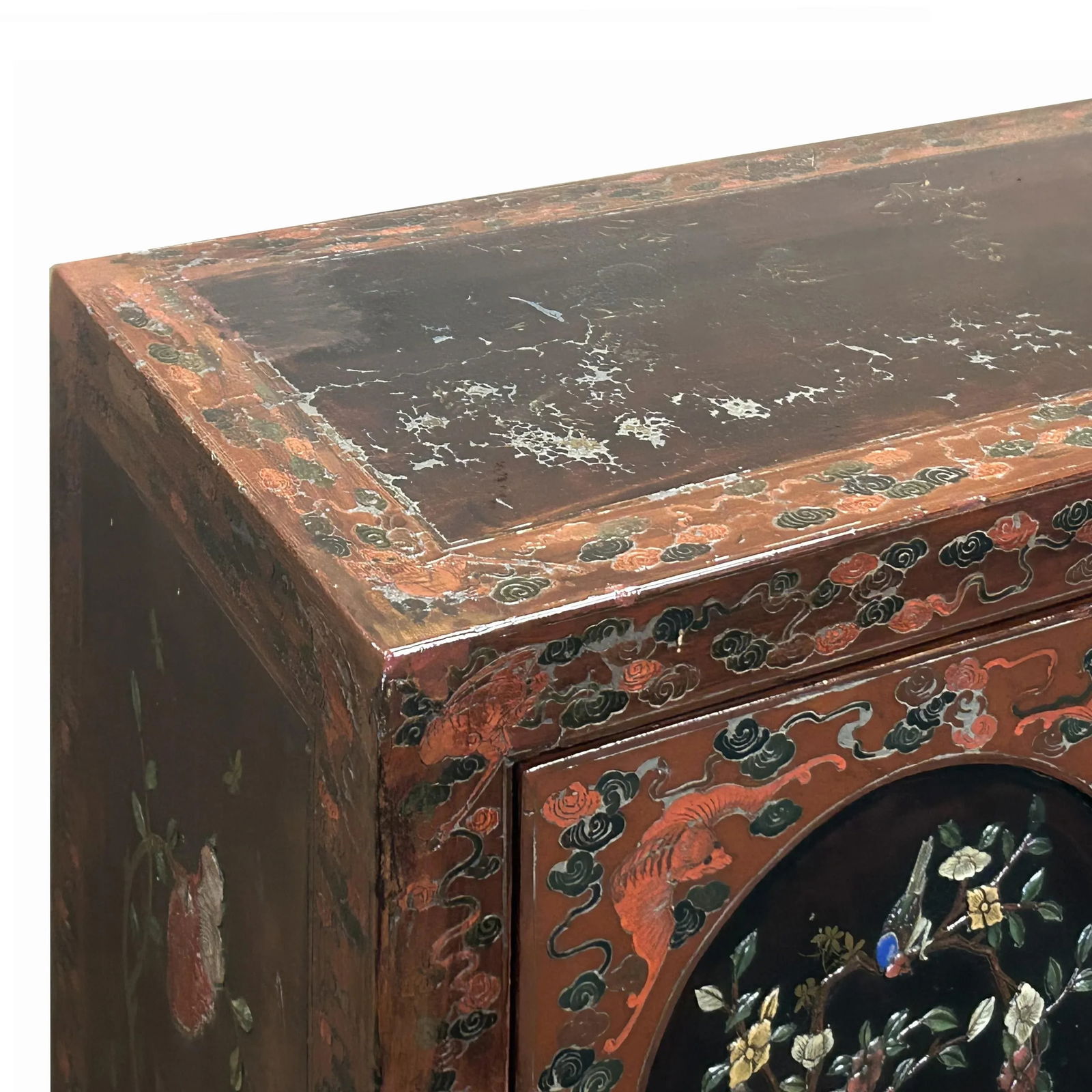 Vintage Chinoiseries Brick Red & Stone Inlay Graphic Credenza Cabinet - 4