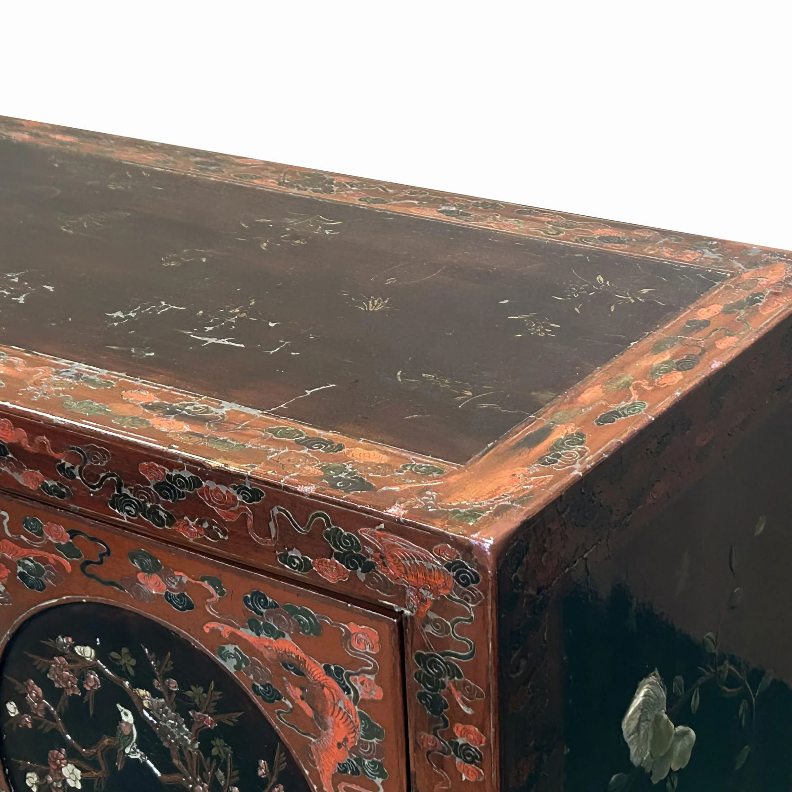 Vintage Chinoiseries Brick Red & Stone Inlay Graphic Credenza Cabinet - 6