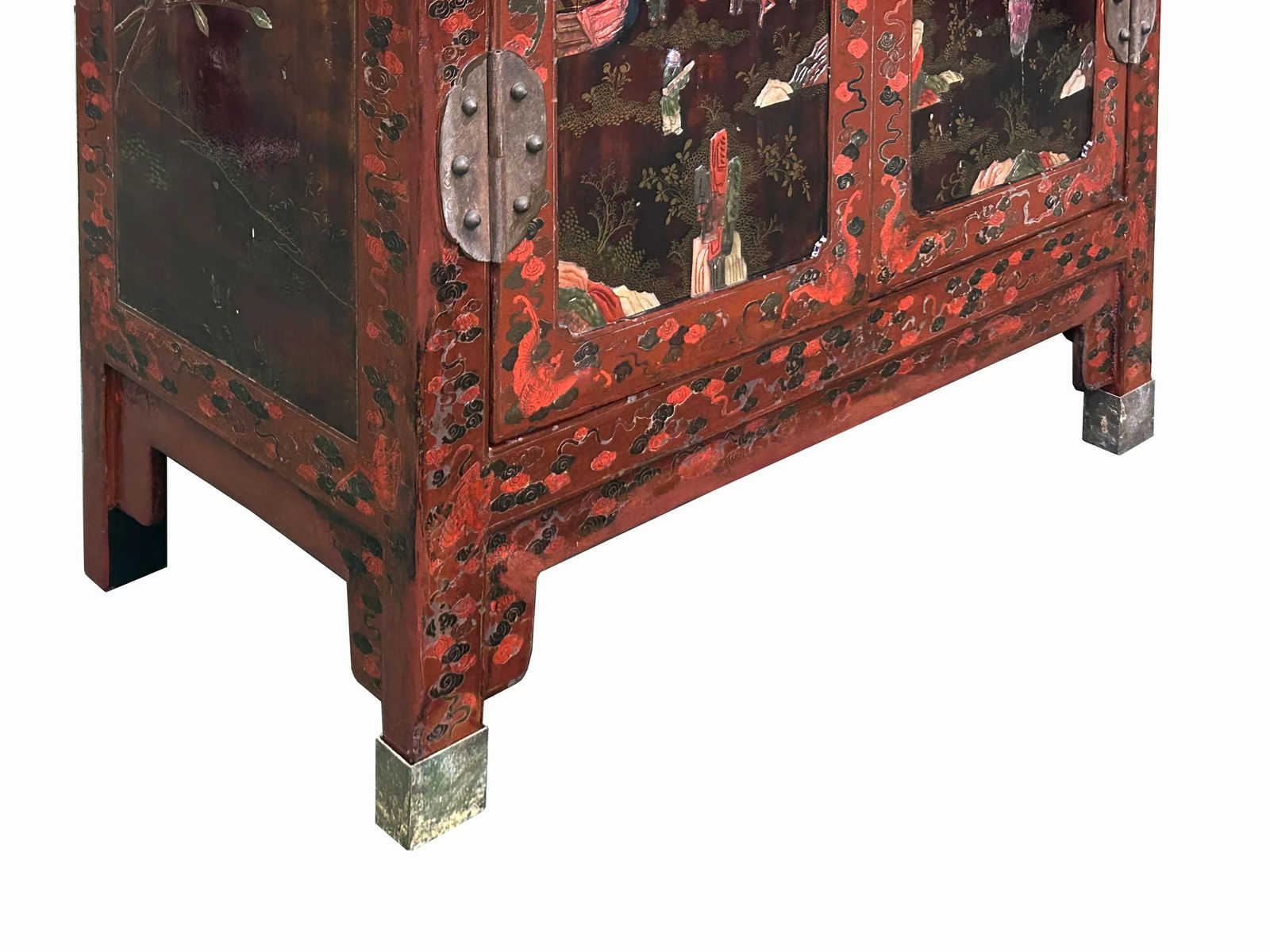 Vintage Chinoiseries Brick Red & Stone Inlay Graphic Credenza Cabinet - 8