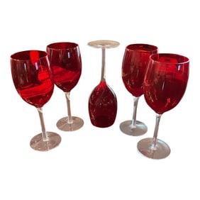 1990s Ruby Red Wine Glasses- Set of 5