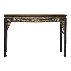 Chinese Vintage Black Golden Carving Motif Tall Altar Console Table