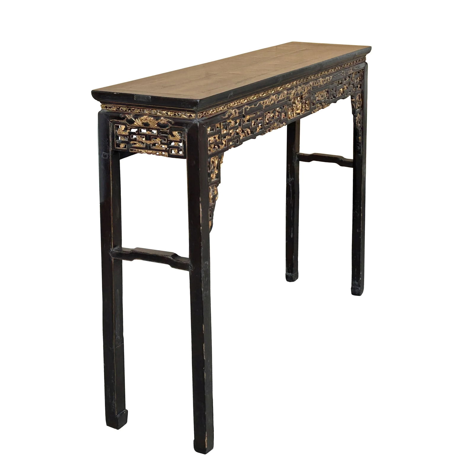 Chinese Vintage Black Golden Carving Motif Tall Altar Console Table - 2