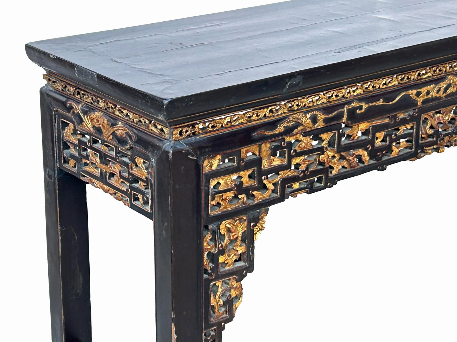 Chinese Vintage Black Golden Carving Motif Tall Altar Console Table - 4