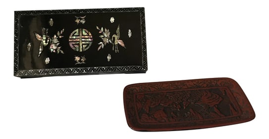 1970s Vintage Black Lacquer Mother of Pearl Asian Box & Plate- 2 Pieces