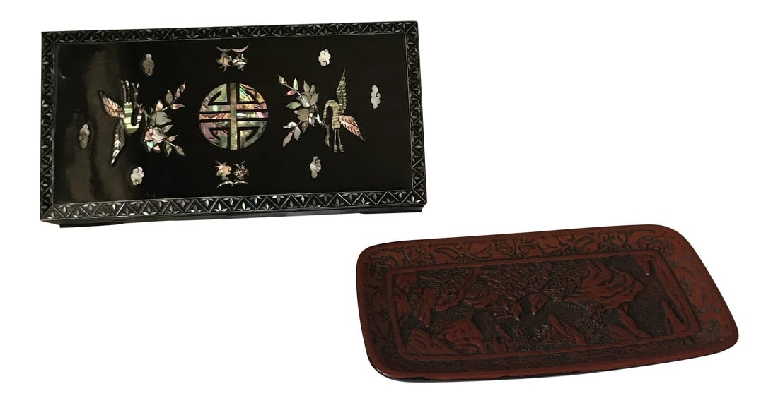 1970s Vintage Black Lacquer Mother of Pearl Asian Box & Plate- 2 Pieces (1 of 9)