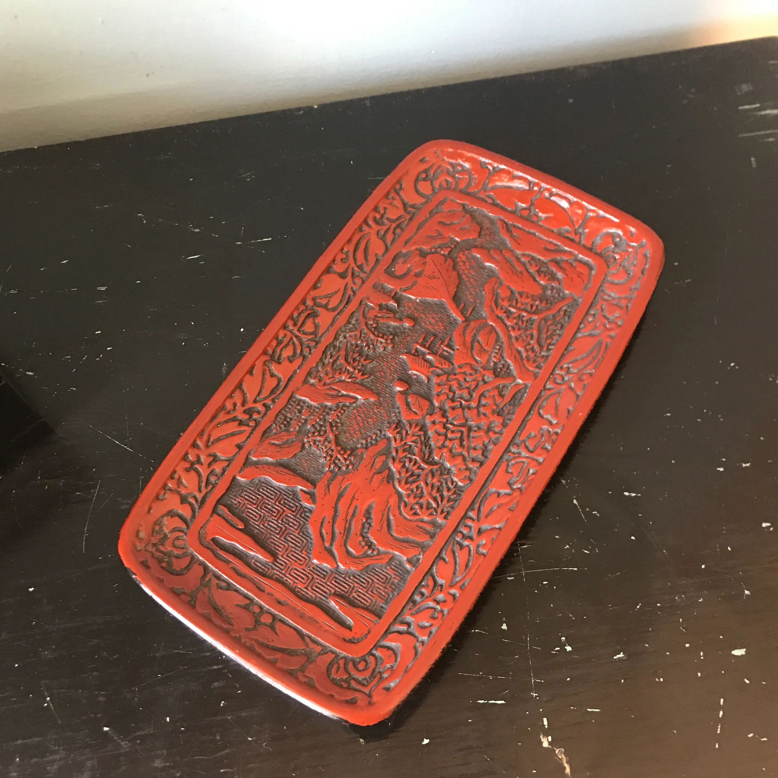 1970s Vintage Black Lacquer Mother of Pearl Asian Box & Plate- 2 Pieces - 2