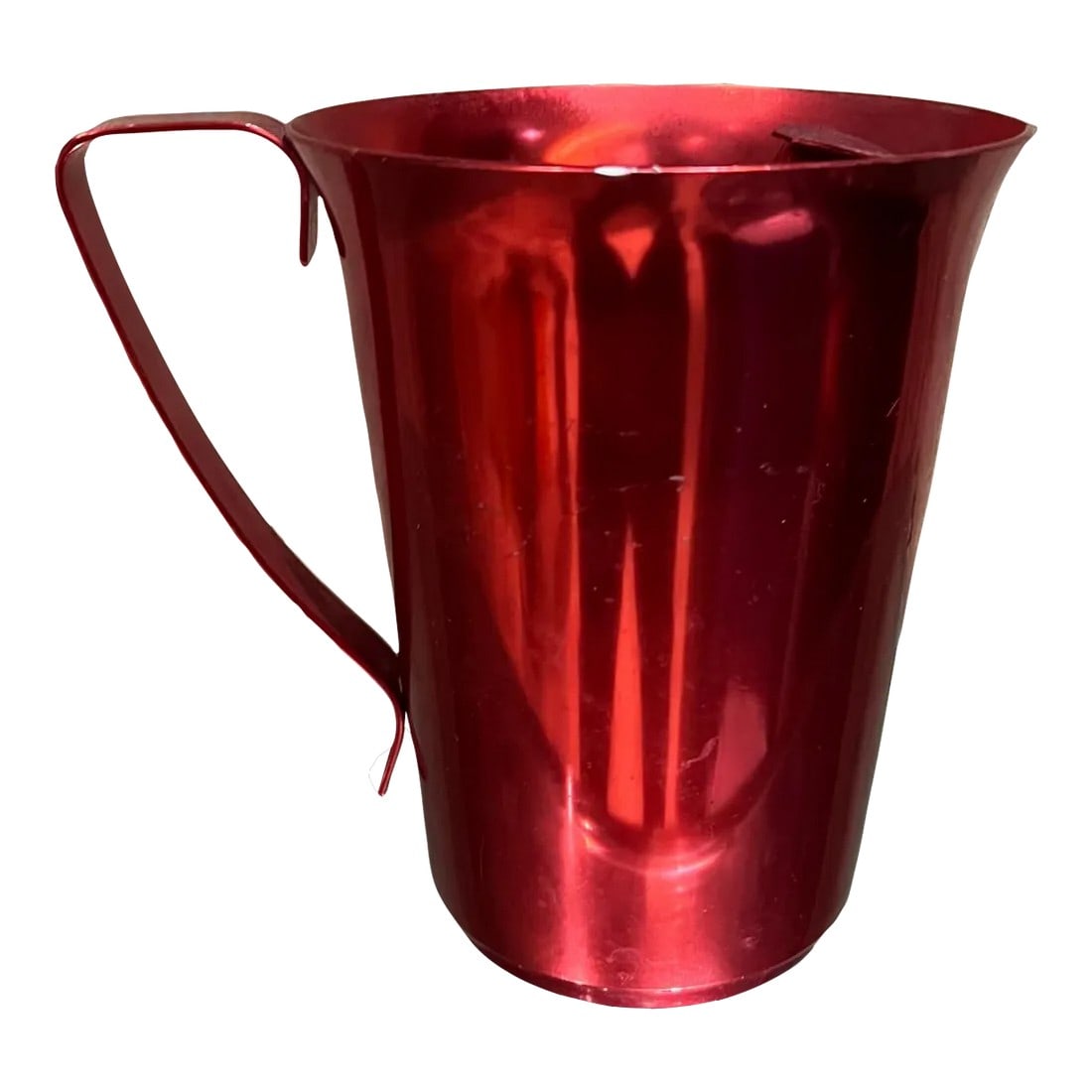 1970s Modernist Red Aluminum Pitcher: AMBIANIC presents Modernist Red Aluminum Pitcher 7.5 h x 5.75 w x 7.75 d Not new, vintage unrestored condition. See all images provided. Condition: Alterations: Original Condition Unaltered