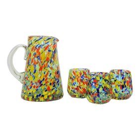 Hand Blown Multicolor Murano Style Art Glass Jug Pitcher and Glasses
