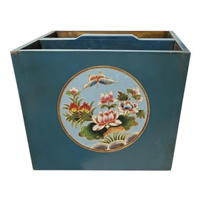 Chinese Wood Square Pastel Blue Lotus Graphic Handle Bucket