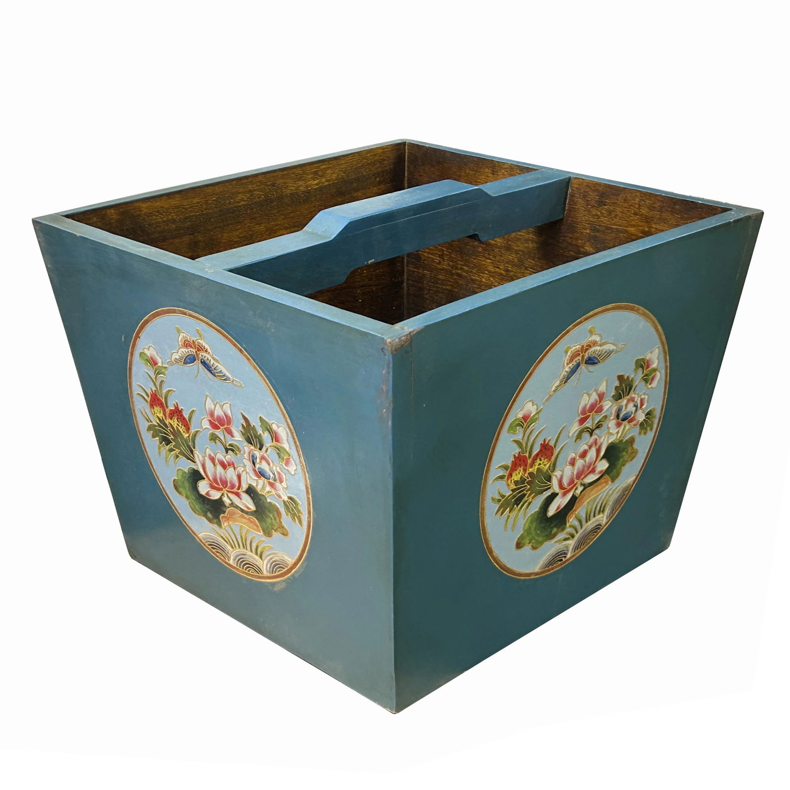 Chinese Wood Square Pastel Blue Lotus Graphic Handle Bucket - 2