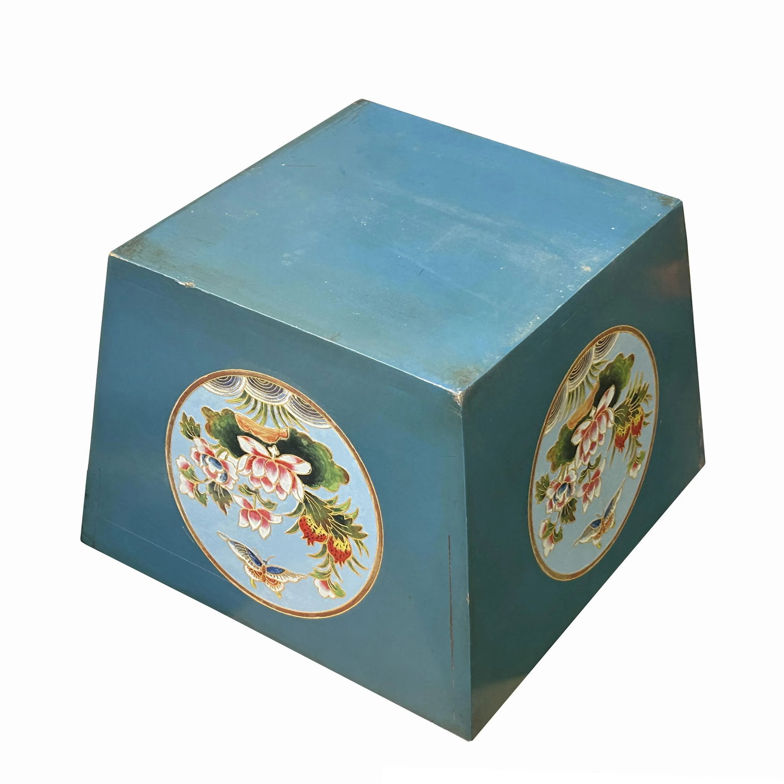 Chinese Wood Square Pastel Blue Lotus Graphic Handle Bucket - 3