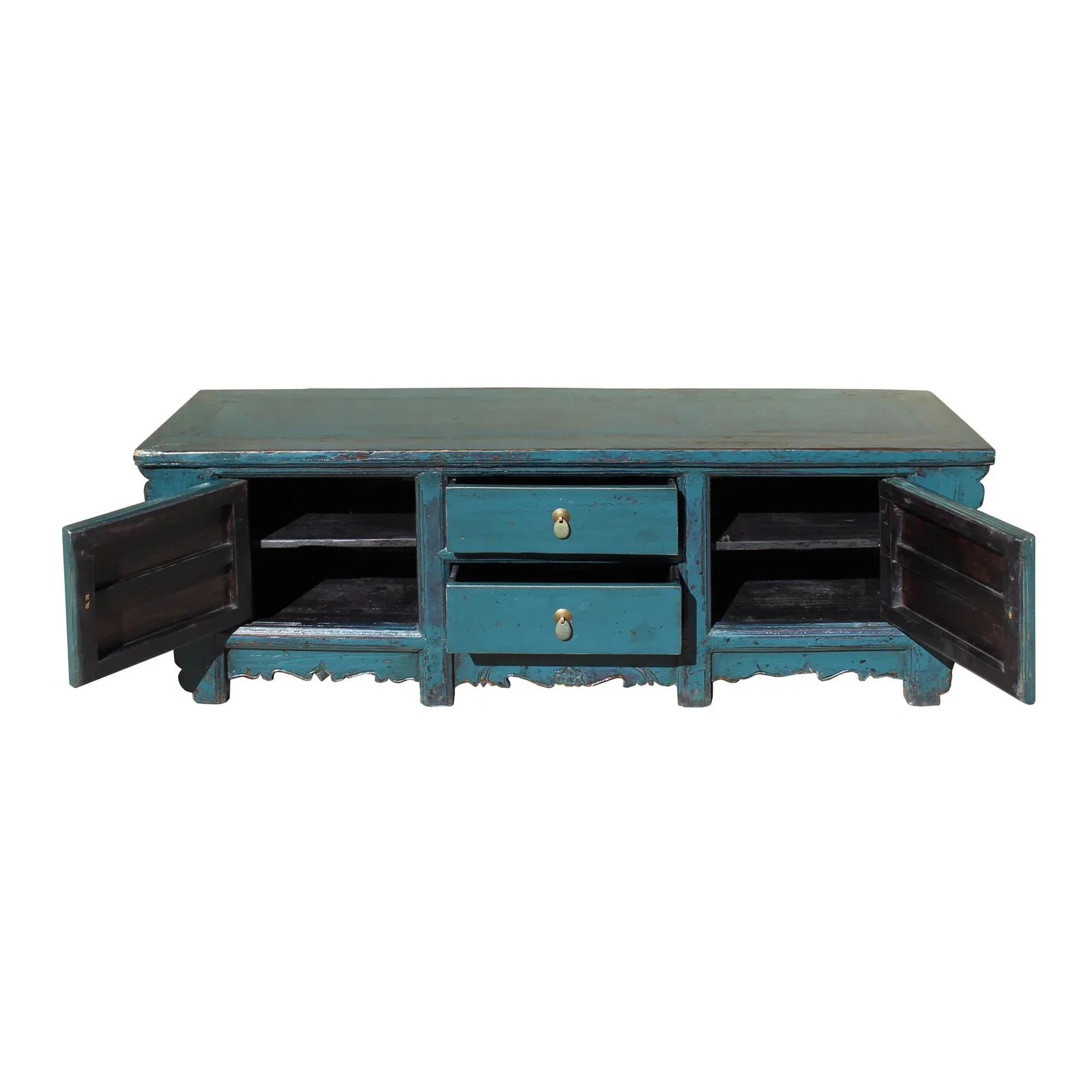 Oriental Distressed Rustic Teal Blue Lacquer Low Console Table Cabinet - 2