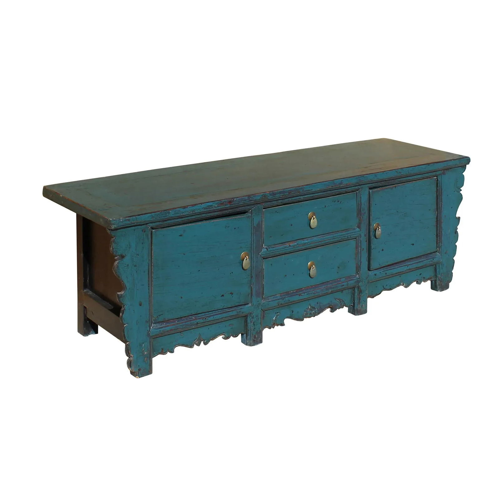 Oriental Distressed Rustic Teal Blue Lacquer Low Console Table Cabinet - 4